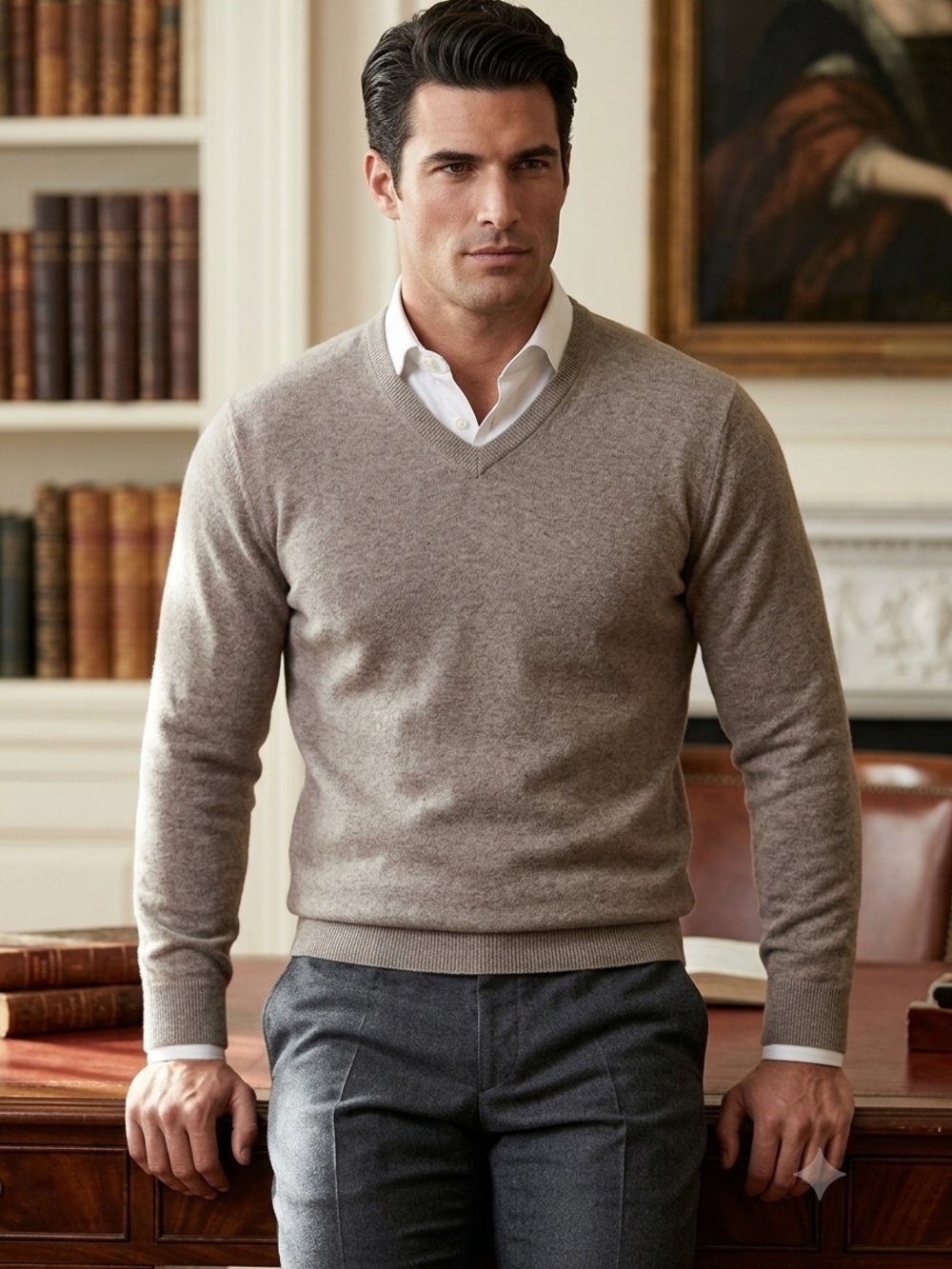 lorenzo Men's V-Neck Sweater in Light Taupe